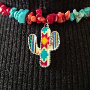 Western Aztec Cactus Hat Band – Turquoise & Coral colored Stone Beads